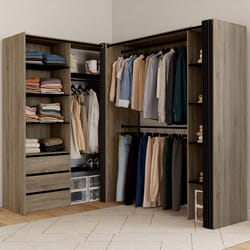 IDMARKET Dressing extensible dangle MARLON 200 x 150 x 180 cm hêtre avec penderies + tiroirs + étagères + rideaux noirs