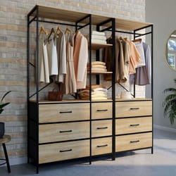 IDMARKET Dressing penderie modulable L. 150 cm UTAH XXL avec 3 étagères et 9 bacs en tissu bois et noir