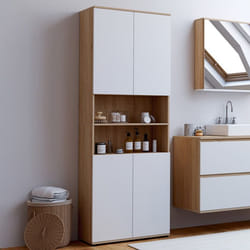 IDMARKET Meuble armoire colonne salle de bain TOMI 4 portes 2 niches façon hêtre et blanc