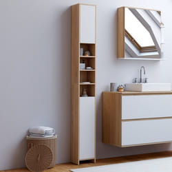 IDMARKET Meuble colonne salle de bain TOMI 2 portes 4 niches façon hêtre et blanc