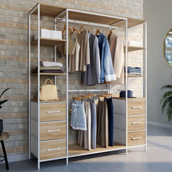 IDMARKET Dressing double penderie + double colonne L. 140 cm UTAH avec 6 étagères et 6 bacs en tissu bois et blanc