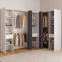 IDMARKET Dressing extensible dangle MARLON 230 x 140 x 180 cm blanc avec penderies + étagères + rideaux gris