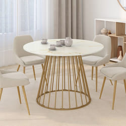 IDMARKET Table à manger ronde YUNA 6 personnes pied filaire laiton et plateau effet marbre blanc ALASKA 110 cm