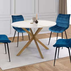 IDMARKET Table à manger ronde ALIX 6 personnes pied araignée laiton et plateau effet marbre doré ALASKA 110 cm