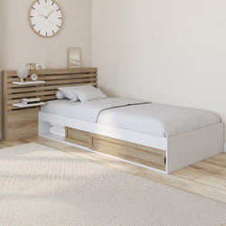 IDMARKET Lit simple SAVANA avec tête de lit chevets rangements et sommier 90 x 190 cm façon hêtre et blanc