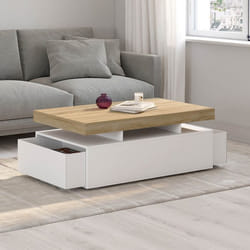 IDMARKET Table basse rectangulaire ELSA 100 cm 2 tiroirs en bois blanc et plateau façon hêtre