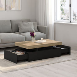 IDMARKET Table basse rectangulaire ELSA 2 tiroirs en bois noir et plateau façon hêtre