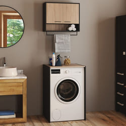 IDMARKET Ensemble meubles de buanderie WALLIS noir et bois façon hêtre pour machine à laver