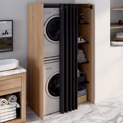 IDMARKET Meuble de buanderie double machine à laver avec rideau coulissant WALLIS hêtre et noir