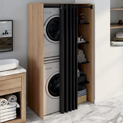 IDMARKET Meuble de buanderie double machine à laver avec rideau coulissant WALLIS hêtre et noir