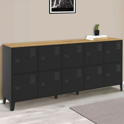 IDMARKET Buffet casier 180cm ESTER 10 portes en métal noir plateau bois design industriel