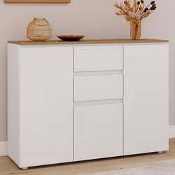 IDMARKET Buffet 100 cm TOBY 3 portes 2 tiroirs blanc et plateau bois