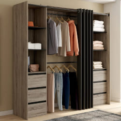 Dressing extensible double MERYL 120/180 cm hêtre avec 6 tiroirs + étagères + double penderie + rideau noir