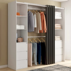 Dressing extensible double MERYL 120/180 cm blanc avec 6 tiroirs + étagères + double penderie + rideau gris