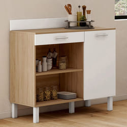 IDMARKET Buffet bas de cuisine 100 cm CINA plan de travail H.83 cm 1 porte + 1 tiroir façon hêtre et blanc