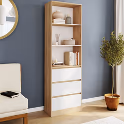 IDMARKET Etagère bibliothèque CARLA 3 niveaux 3 tiroirs blanc et effet bois H.190 cm
