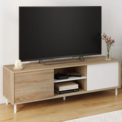 IDMARKET Meuble TV 140 cm EASY montage sans outils 2 portes coulissantes réversibles effet bois et blanc