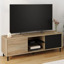 IDMARKET Meuble TV 140 cm EASY montage sans outils 2 portes coulissantes réversibles effet bois et noir