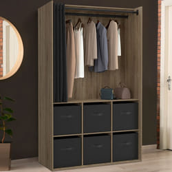 IDMARKET Dressing penderie DIANE 104 x 50 x 172 cm hêtre avec 6 boites de rangement + rideau noir