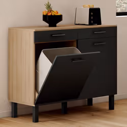 IDMARKET Buffet bas de cuisine avec espace poubelle 100 cm CINA plan de travail H.83 cm 2 portes + tiroirs façon hêtre et noi ...