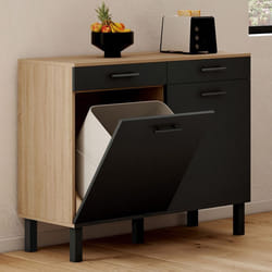 IDMARKET Buffet bas de cuisine avec espace poubelle 100 cm CINA plan de travail H.83 cm 2 portes + tiroirs façon hêtre et noir