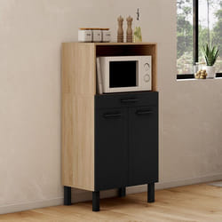IDMARKET Buffet mi-haut de cuisine pour micro-onde 60 cm CINA 1 tiroir 2 portes façon hêtre et noir