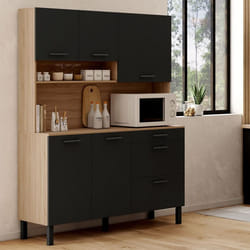 IDMARKET Buffet casserolier de cuisine 140 cm CINA 5 portes + 3 tiroirs façon hêtre et noir