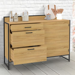 IDMARKET Buffet bas casserolier de cuisine 120 cm DETROIT plan de travail H.83 cm 1 porte + 3 tiroirs design industriel