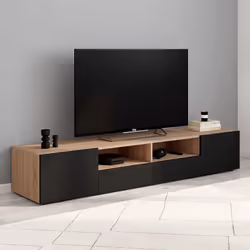 IDMARKET Meuble TV 180 cm ELI bois façon hêtre portes noires