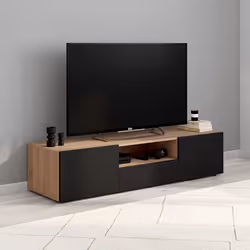 IDMARKET Meuble TV 140 cm ELI bois façon hêtre portes noires