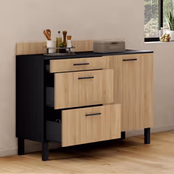 IDMARKET Buffet bas de cuisine 120 cm casserolier CINA plan de travail H.83 cm 1 porte + 3 tiroirs noir et façon hêtre