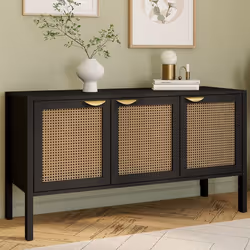 IDMARKET Buffet bas 110 cm EDHEN 3 portes bois noir et cannage