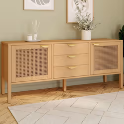 IDMARKET Buffet bas 140 cm EDHEN 2 portes et 3 tiroirs bois et cannage