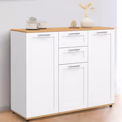 IDMARKET Buffet 100 cm VITO 3 portes et 2 tiroirs blanc et plateau bois