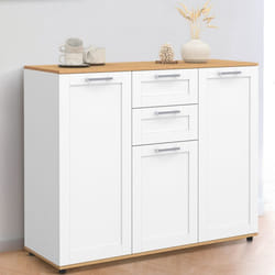 IDMARKET Buffet 100 cm VITO 3 portes et 2 tiroirs blanc et plateau bois