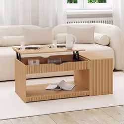 IDMARKET Table basse plateau relevable rectangulaire JULIETTE avec coffre lattes tasseau bois coloris chêne