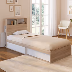 IDMARKET Lit simple CLEM avec rangement tête de lit et sommier 90 x 190 cm hêtre et blanc