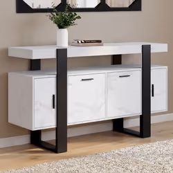 IDMARKET Buffet 140 cm PHOENIX 4 portes effet marbre blanc ALASKA et noir