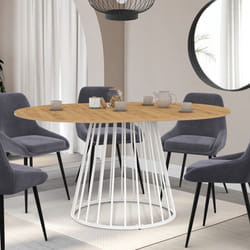 IDMARKET Table à manger extensible ronde YUNA 4-8 personnes plateau bois et pied filaire en métal blanc 110 - 150 cm