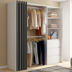 IDMARKET Dressing extensible MARTY 120/170 x 50 x 180 cm blanc avec 3 tiroirs + étagères + double penderie + rideau gris