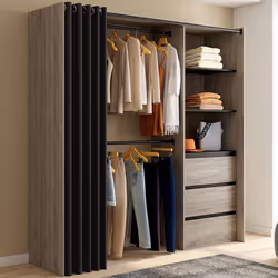 IDMARKET Dressing extensible MARTY 120/170 x 50 x 180 cm hêtre avec 3 tiroirs + étagères + double penderie + rideau noir