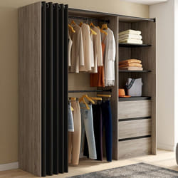 IDMARKET Dressing extensible MARTY 120/170 x 50 x 180 cm hêtre avec 3 tiroirs + étagères + double penderie + rideau noir
