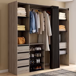 IDMARKET Dressing extensible double XXL MERYL 120/180 cm hêtre avec tiroirs + étagères + penderie + rideau noir