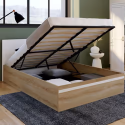 IDMARKET Lit coffre double SEASIDE avec tête de lit et sommier 140 x 190 cm façon hêtre et blanc