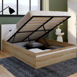 IDMARKET Lit coffre double SEASIDE avec tête de lit et sommier 140 x 190 cm façon hêtre et blanc