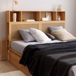 IDMARKET Tête de lit EDHEN 145 cm avec rangements fermés et niches cannage et bois