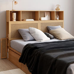 IDMARKET Tête de lit EDHEN 145 cm avec rangements fermés et niches cannage et bois