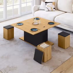 IDMARKET Table basse rectangulaire relevable convertible en table à manger EDEN bois et noir avec poufs