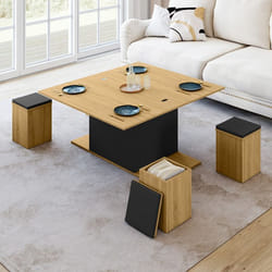 IDMARKET Table basse rectangulaire relevable convertible en table à manger EDEN bois et noir avec poufs