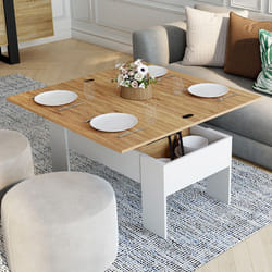 IDMARKET Table basse rectangulaire plateau relevable convertible en table à manger TARA bois blanc et imitation hêtre